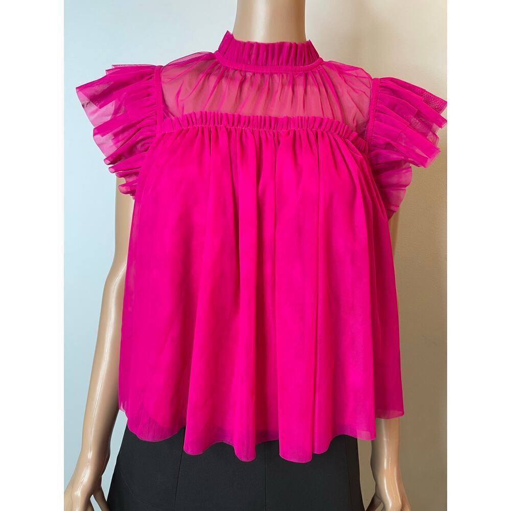Joie Sheer Tulle Ruffle Blouse size M Hot pink Raw Edge